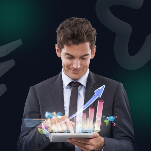 Confident forex trader analyzing financial growth charts on a tablet, representing profitable online trading with HC Finvest